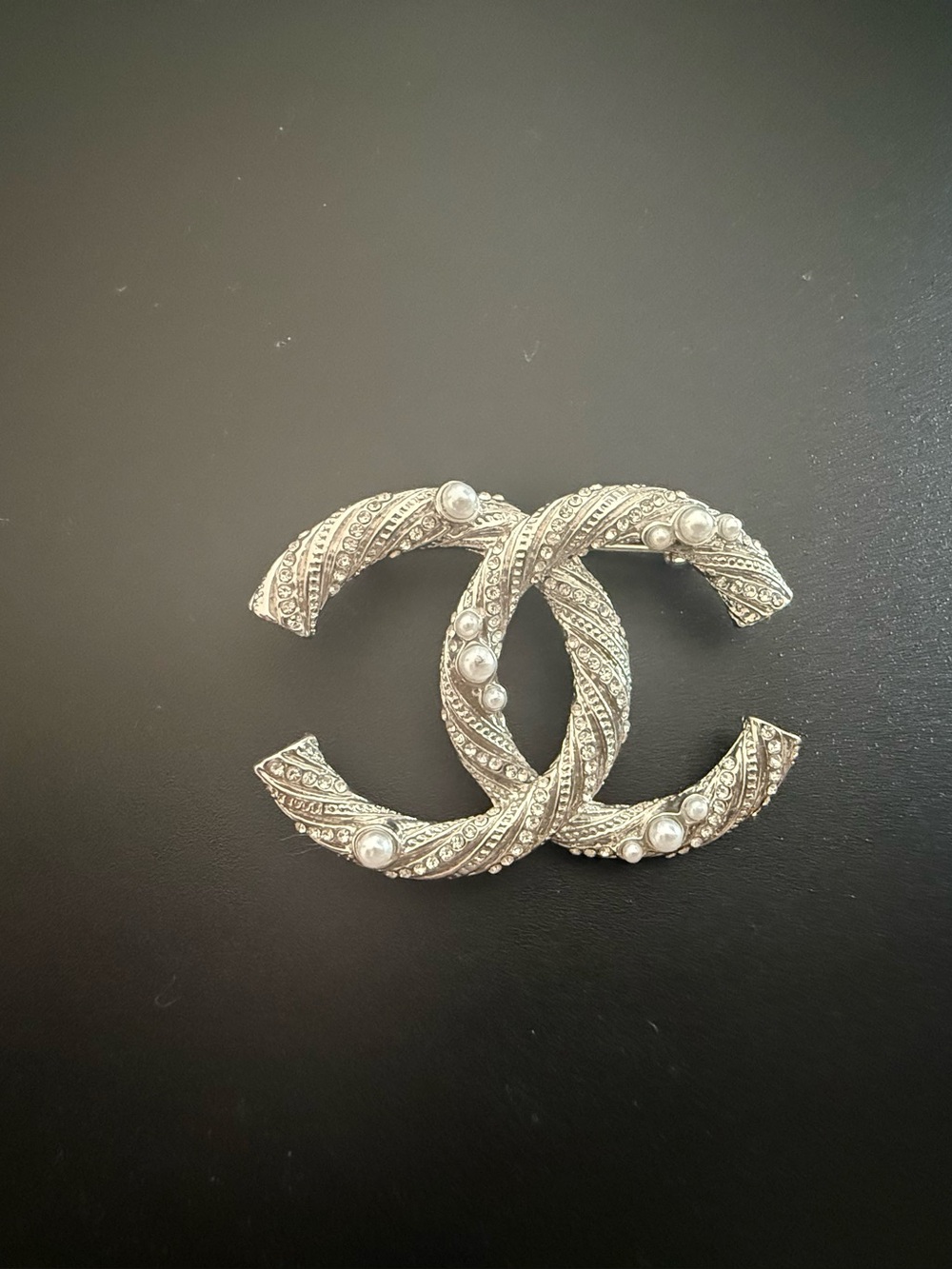 Silver-Tone Pearl CC Logo Brooch